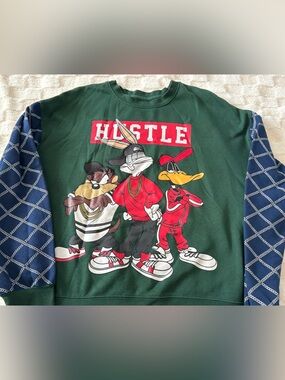 Vintage Looney Tunes Sweatshirt Taz Bugs Bunny Daffy Duck "Hustle" Green Men's